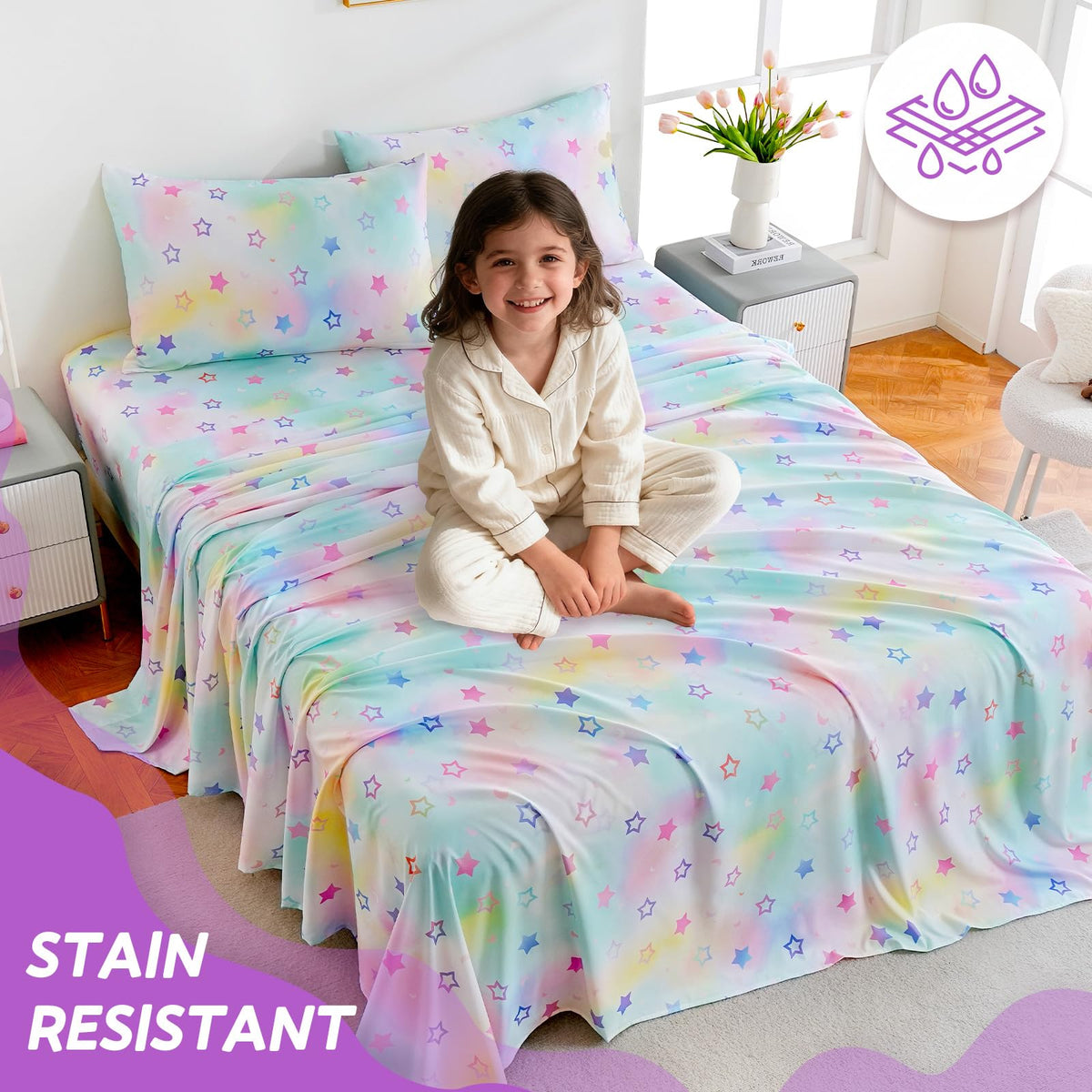 ChicView Twin Sheet Set Kids,3 Pieces Breathable Soft Microfiber Bedsheets for Child Boys Girls, Anti Pilling Deep Pockets Easy Care Bed Sheets, Stars