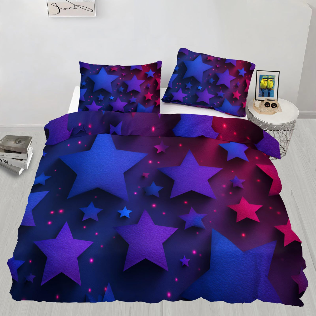 ZAOMIR Blue Purple Stars Duvet Cover Queen Size, Colorful Dark Bedding Set 3 Piece, Neon Lights Stars Patterned Comforter Cover with Zipper Soft Microfiber, 2 Pillowcases