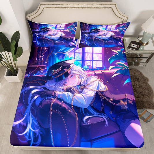 Erosebridal Anime Girl Fitted Sheet Twin Size Japanese Anime Bed Sheets for Kids Boys Teens Women Bedroom Decor, Cartoon Girl Bedding Set Japanese Animation Kawaii Sheets, Purple