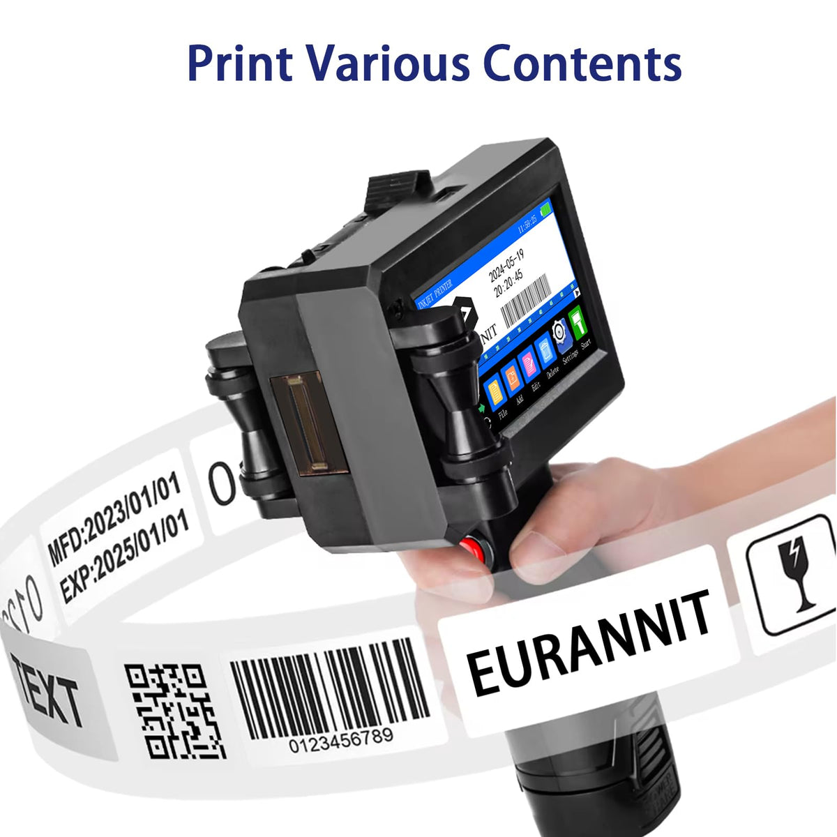 Eurannit E15-1 Handheld Inkjet Printer - 1 Inch Print Height with ER521 Black Ink Cartridge, Portable Coding Gun for Text, QR Code, Barcode on Carton, Plastic & Uneven Surfaces