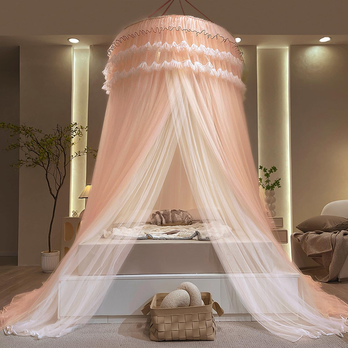 Kertnic Dreamy Bed Canopy for Girls, Princess Canopy Curtains Double Layer Sheer Mesh, Adults Canopies Netting Room Decor Tent Mosquito Net for Queen King Bed (Double Layer-Beige Pink)