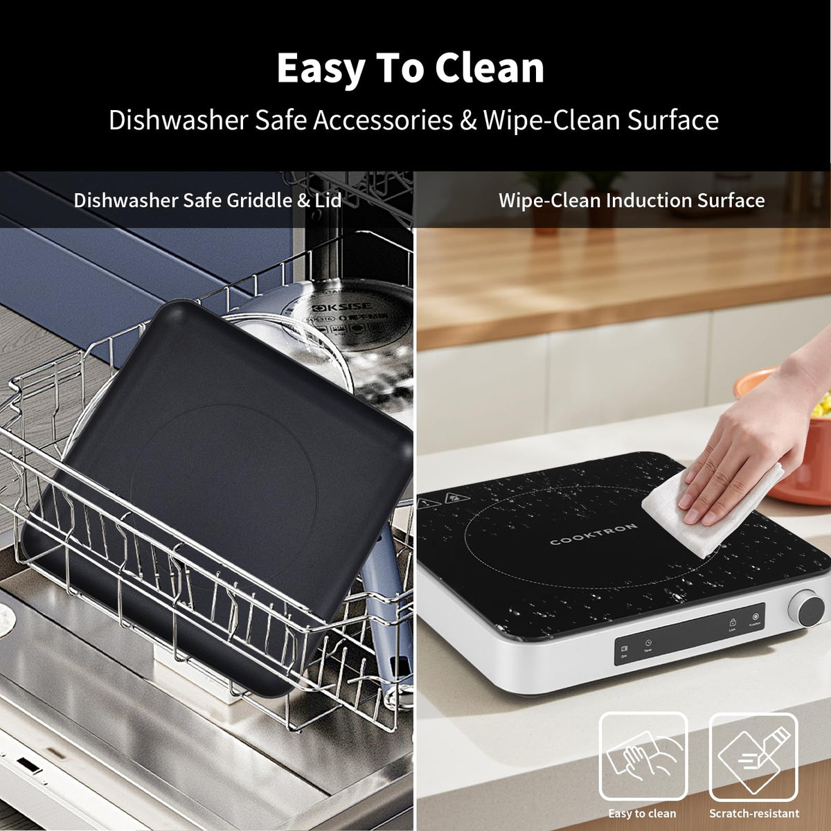 Cooktron 2-in-1 Induction Cooktop with Grill Pan – Portable 1 Burner Induction Hot Plate 1800W, Removable Griddle, 10 Power & 5 Temp Levels, Touch & Knob Control for Kitchen or RV Camping