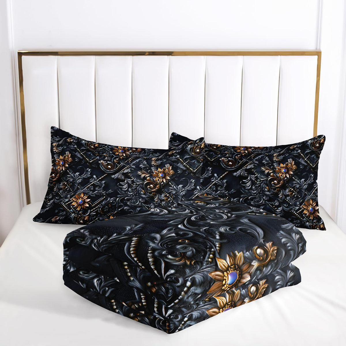 lneffble Black and Gold Floral Comforter Queen Set，Victorian Gothic Bedding Set Queen，with 1 Comforter with 2 Pillow Case，Floral Bedroom Decor Black