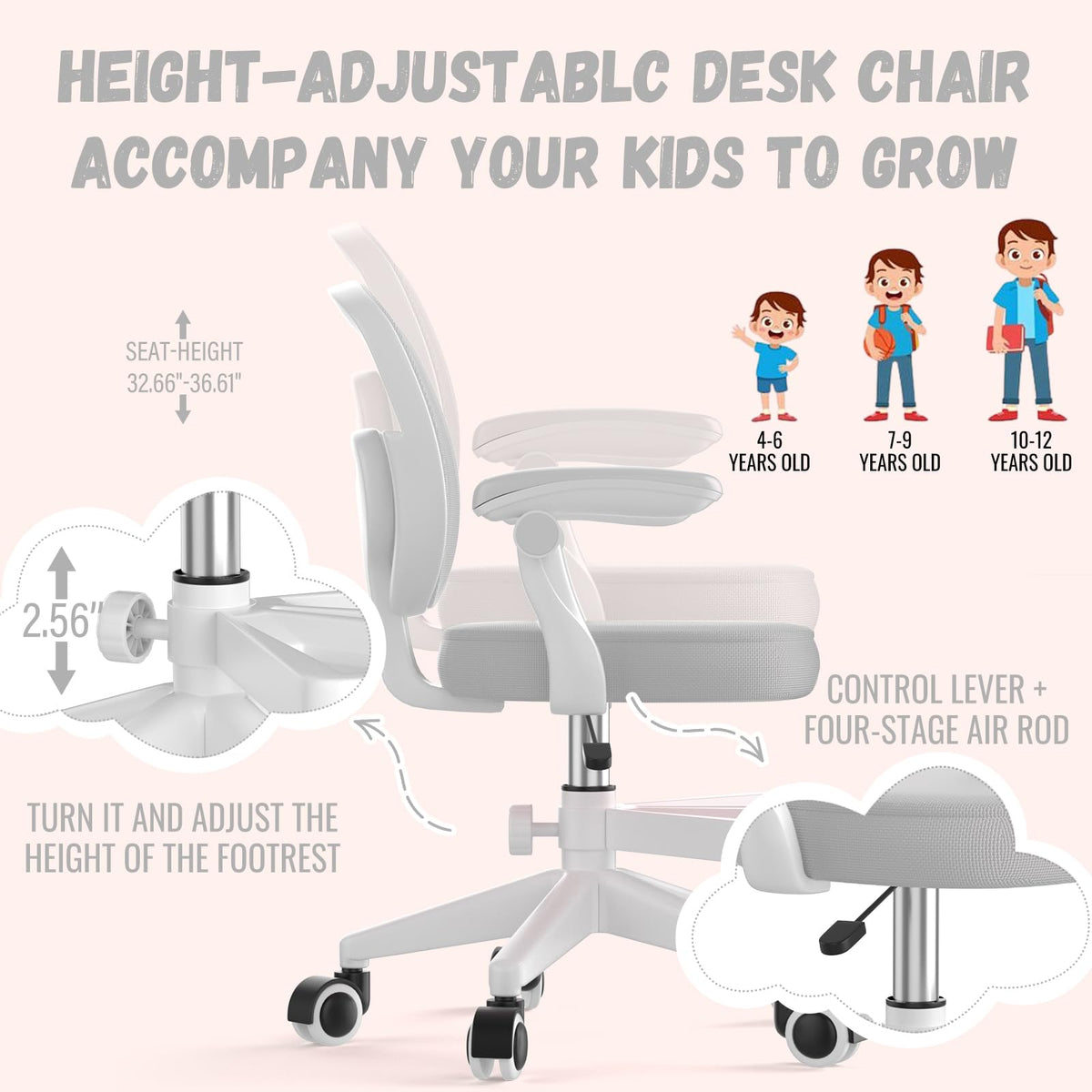 Ergonomic Kids Desk Chair 4-12, Adjust Height Children Study Computer Chair