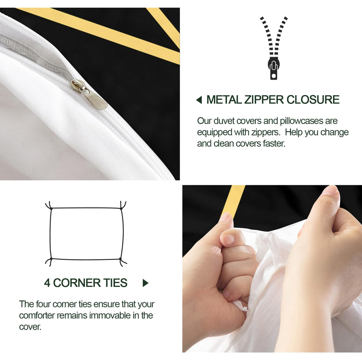 ZAOMIR Geometric Duvet Cover Queen Size, Abstract Modern Geometric Stripes Bedding Set 3 Piece, Black Gold Geometry Lines Patterned Comforter Cover with Zipper Soft Microfiber, 2 Pillowcases