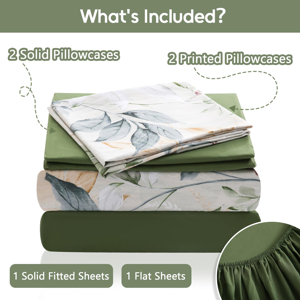 LONAVA Botaincal King Size 6 Pcs Sheet Set, Breathable Microfiber Deep Pocket Forest Green Fitted Sheets, Comfy & Breathable Patterned Flat Sheets,4 Gentle Soft Pillowcases, Lavender