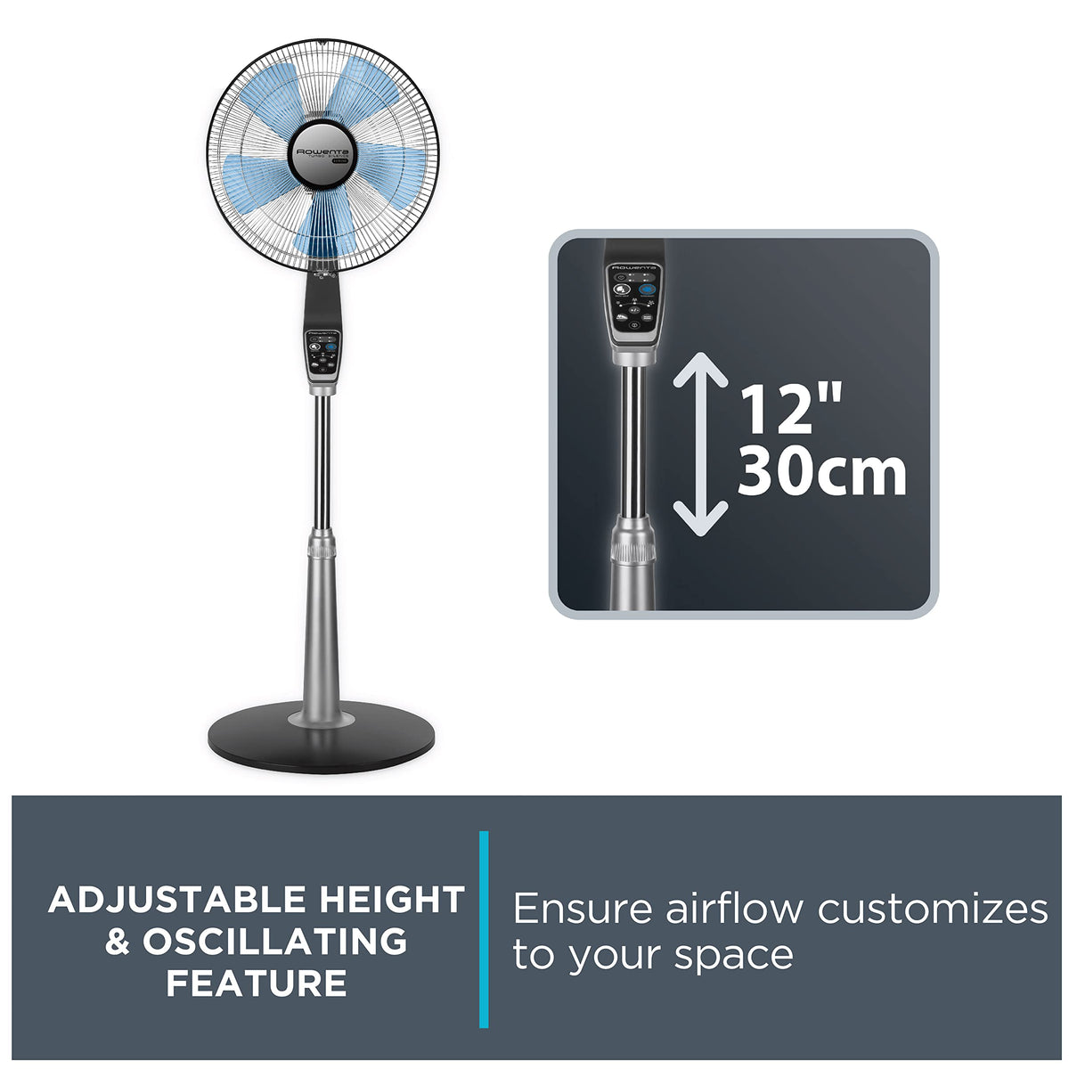 Rowenta Pedestal Fan, 53 Inches, Ultra Quiet Oscillating Fan for Bedroom, Portable, 5 Speeds, Refresh Up to 23-Feet, Silver, Indoor, VU5670