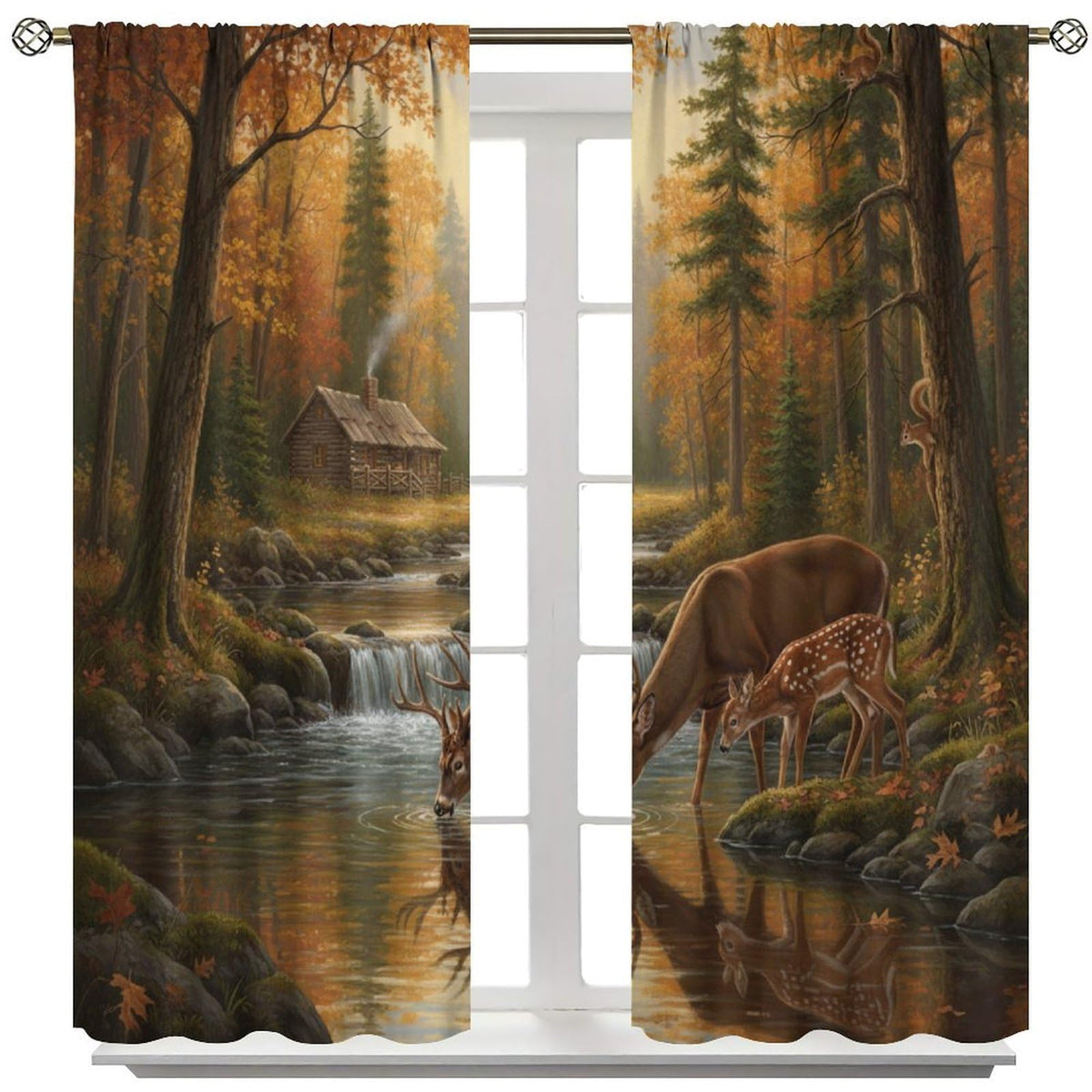 PHTAYOT Rustic Cabin Deer Curtains Farmhouse Country Farm Forest Wildlife Deer Pattern Decor Window Drapes for Bedroom Living Room,2 Panels Set,42x45 Inch
