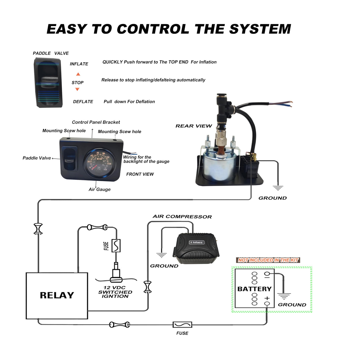 Lhfacc in Cab On Board Air Compressor System Air Pump System with Single Path Air Gauge Paddle Valve Gauge Air Line T Fittings for Trucks Vans