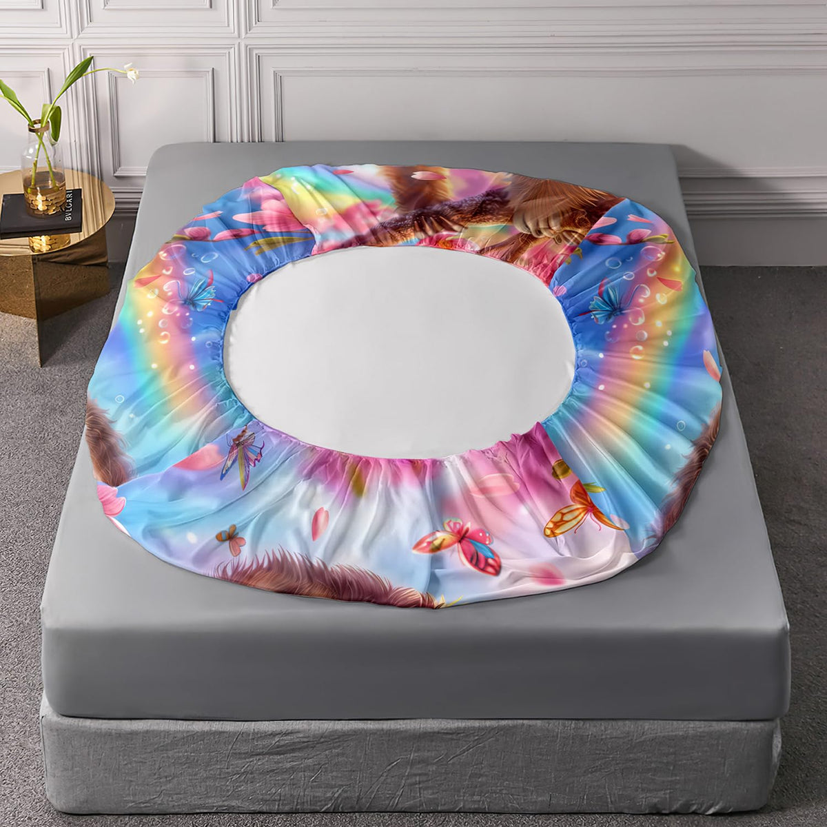 AILONEN Cute Sloth Bedding Set 3Pcs Rainbow Butterfly Pink Flower Fitted Sheet Set Queen Size, Kawaii Animal Theme Soft Microfiber Bed Sheet Set for Kids Girls,1 Fitted Sheet and 2 Pillowcases