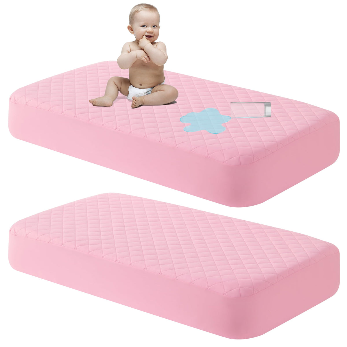 NTBAY 2 Pack Waterproof Crib Mattress Protector, Quilted 28"x52" Toddler Fitted Sheet - Machine Washable - Soft Mattress Pad Cover for Crib, Nursery, Daycare, Cot, Pink