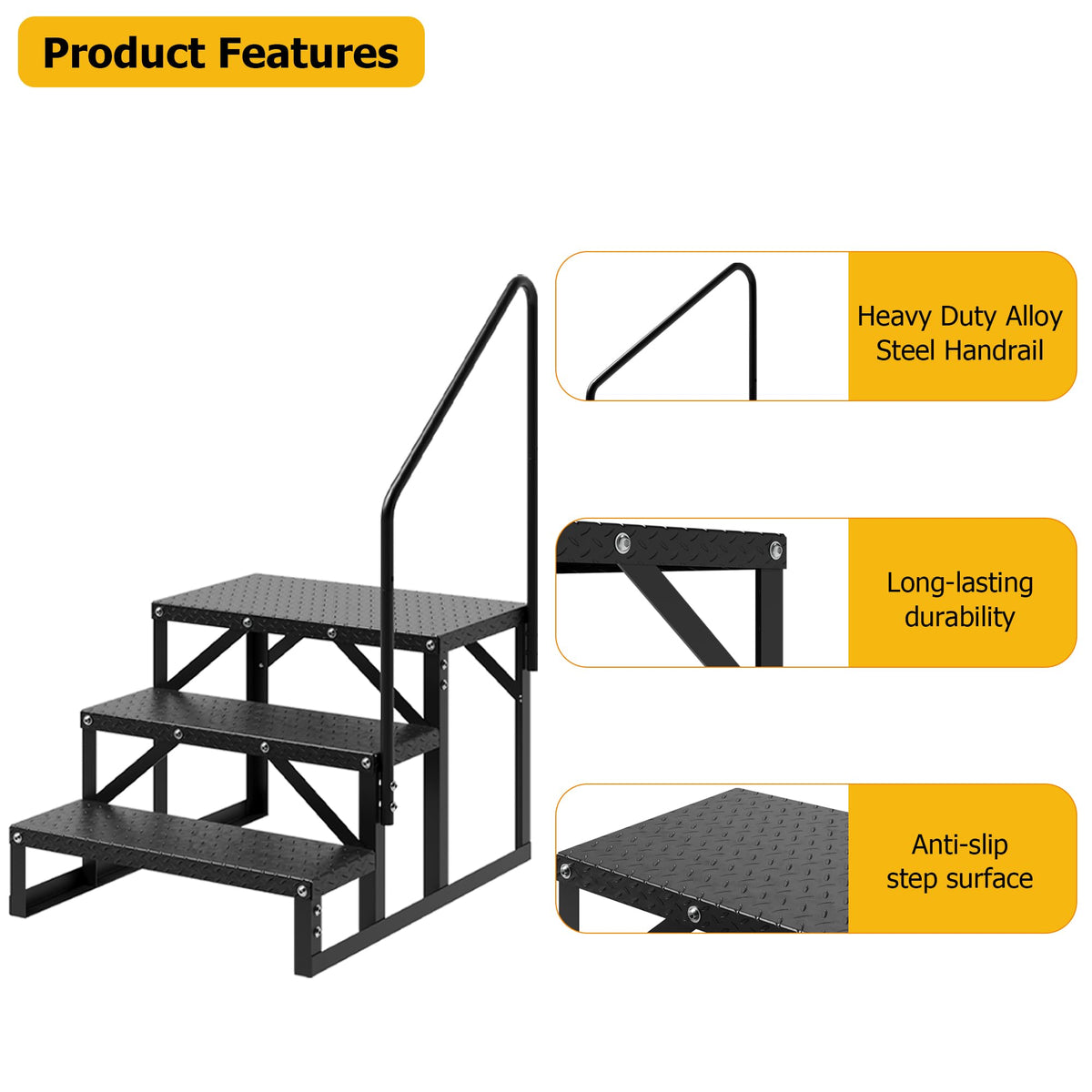 COZONY RV Steps with Handrail 3 Step, Anti-Slip Panel, 660lb Capacity RV Stairs, Portable Trailer Ladder for Outdoor, Camping, Travel, Hot Tub