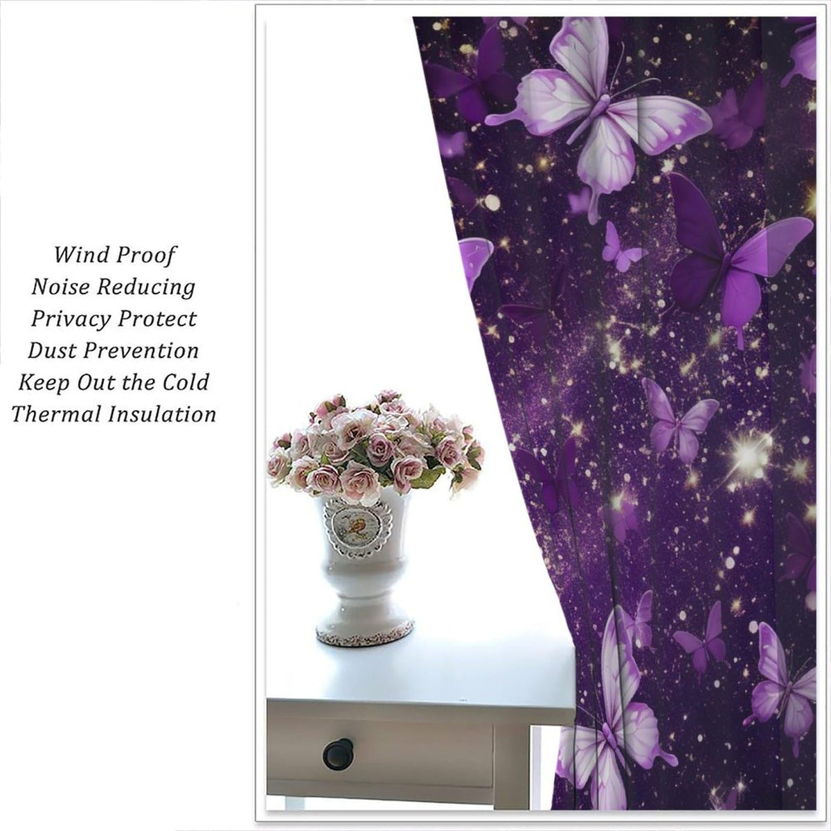 PHTAYOT Butterfly Curtains, Purple Dream Fantasy Starlight Butterfly Pattern for Kids Girls Room Decor, Print Blackout Drapes for Living Room Bedroom Kitchen 2 Panel Set 21" W X 63" L