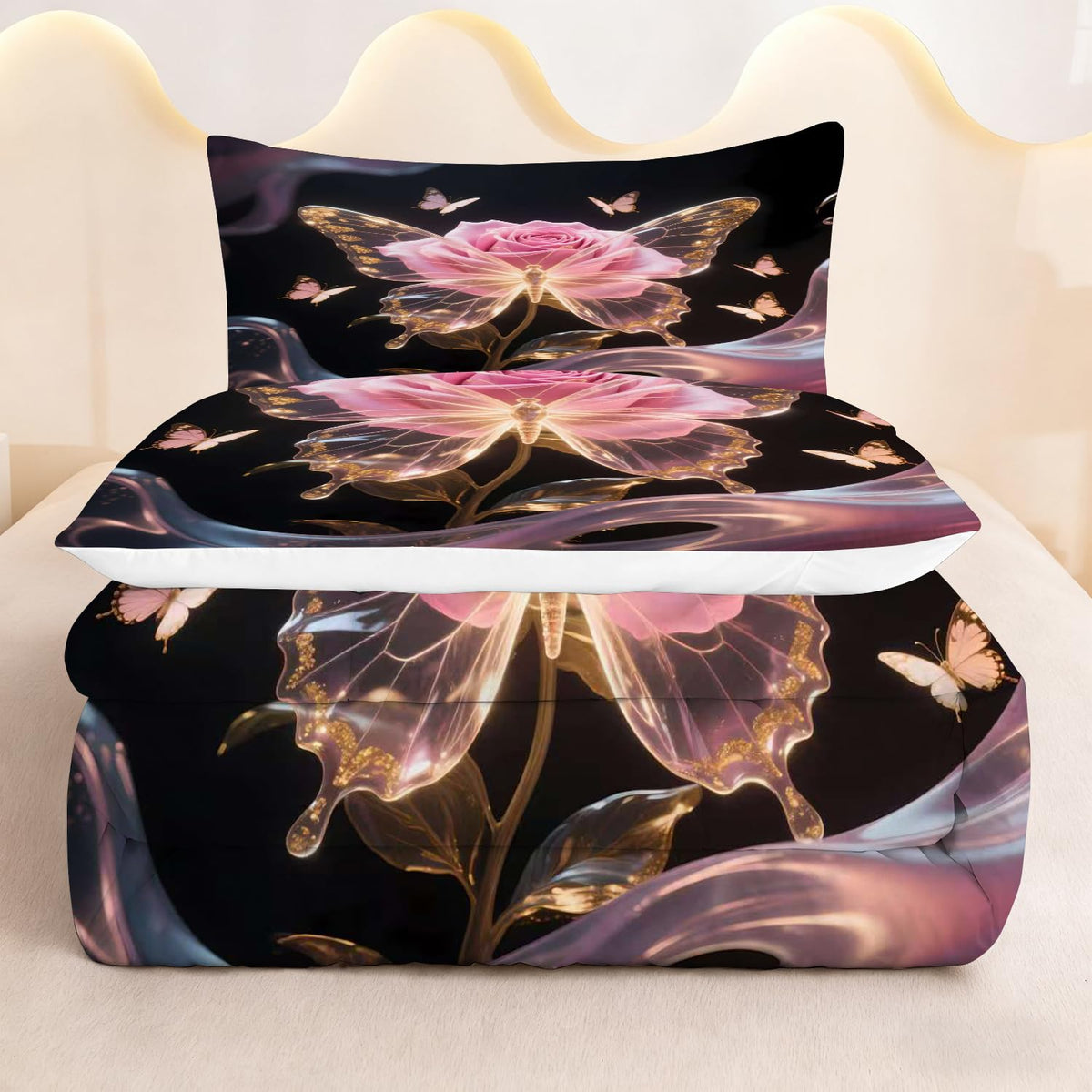 CERYUEE Butterfly Bedding Set Butterfly Twin Comforter Set for Girls Kids Woman 3D Pink Rose Flower Quilt for Bedroom Decor Black Cute Bedding 1 Comforter + 1 Pillow Case
