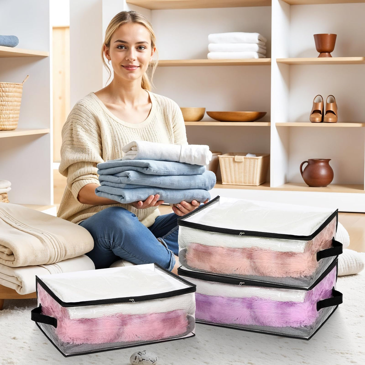 6Pcs Clear Blanket Storage Bags with Zipper, Plastic Storage Bags for Closet Clothes Comforter Toys Sweaters Bedding, Bed Sheet Organizers (35L, 9.5 Gallons)