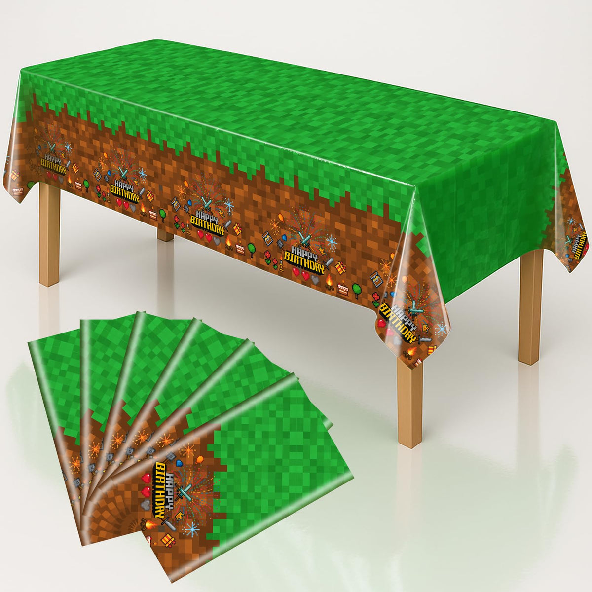 iCrius Pixel Design Party Tablecloths - 6 Piece Set - 54"x108" Oversized - Ideal for Craft Mining Theme Parties & Gamer Decor