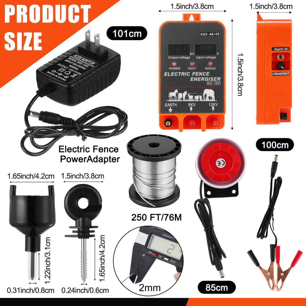 MorningRo 2J Electric Fence Charger with Digital Display & Alarm, AC/DC Dual Power, 12V Input 8KV/12KV Output, 250ft Aluminum Wire 50 Insulators & Socket Tool for Fence Boundary Applications