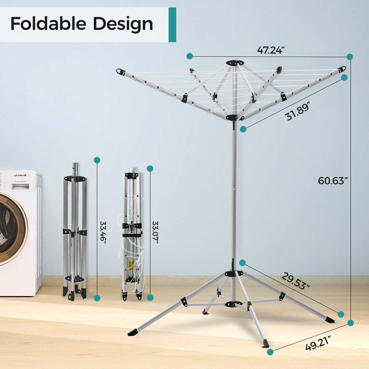 JS HANGER Portable Umbrella Clothesline, 65 Ft of Hanging Space, Pre-Strung with Stable Base,4-arm Drying Rack for Indoor and Outdoor Clothes