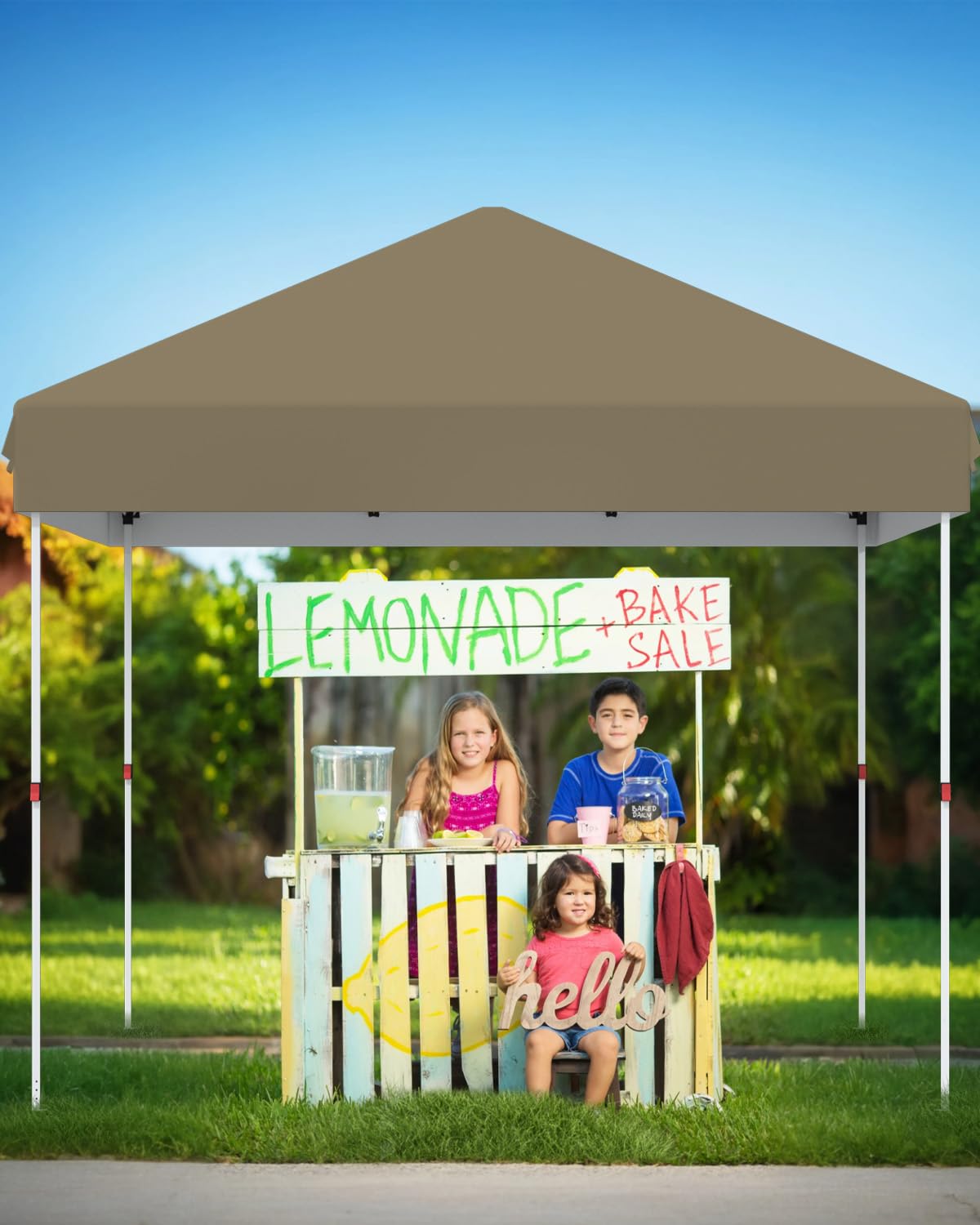 10x10 Pop Up Canopy with One Button Push Setup - Heavy Duty Outdoor Canopy Tent with Portable Roller Bag - 3 Adjustable Height, 4 Weight Bags, 8 Stakes & 4 Guy Ropes Included, Khaki