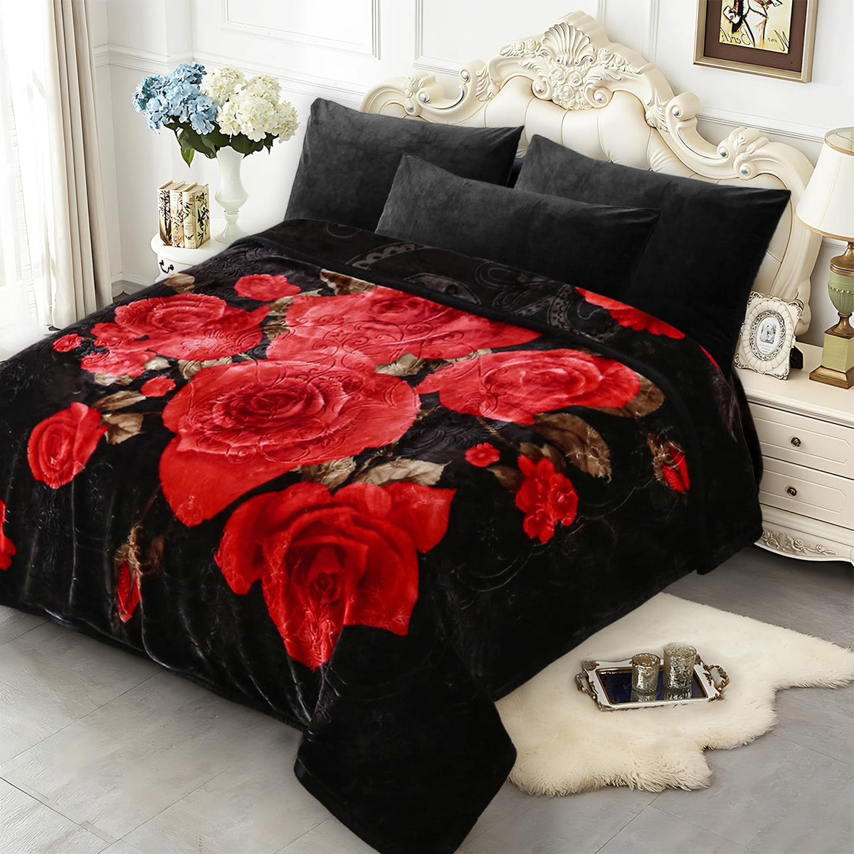JYK Soft Blanket Korean Mink Blanket, 5 LB Fleece Blanket Queen 75'' x 87'' - 2 Ply Reversible 520GSM Super Soft Plush, Medium Thick, Warm Bed Blanket for Autumn Winter - Peony/Rose