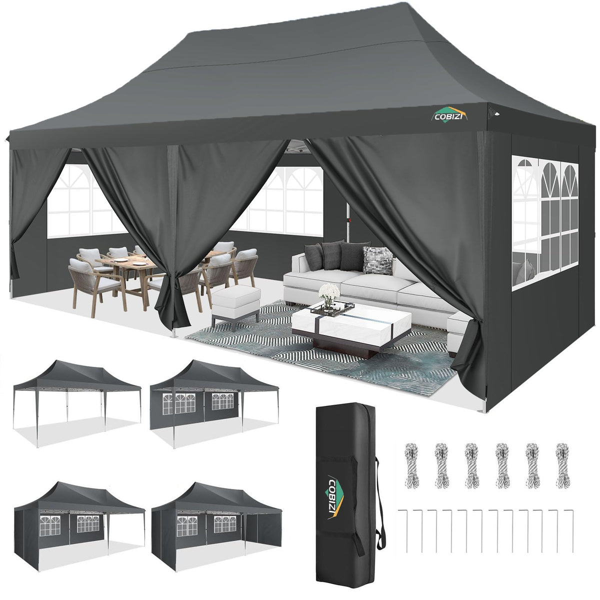 COBIZI 10x20 Pop Up Canopy with 6 Sidewall, Commercial Canopy UPF 50+ Waterproof Outdoor Gazebo with Carry Bag, Tents for Parties with Upgrade Frame, 3 Height Adjustable, Classic Grey