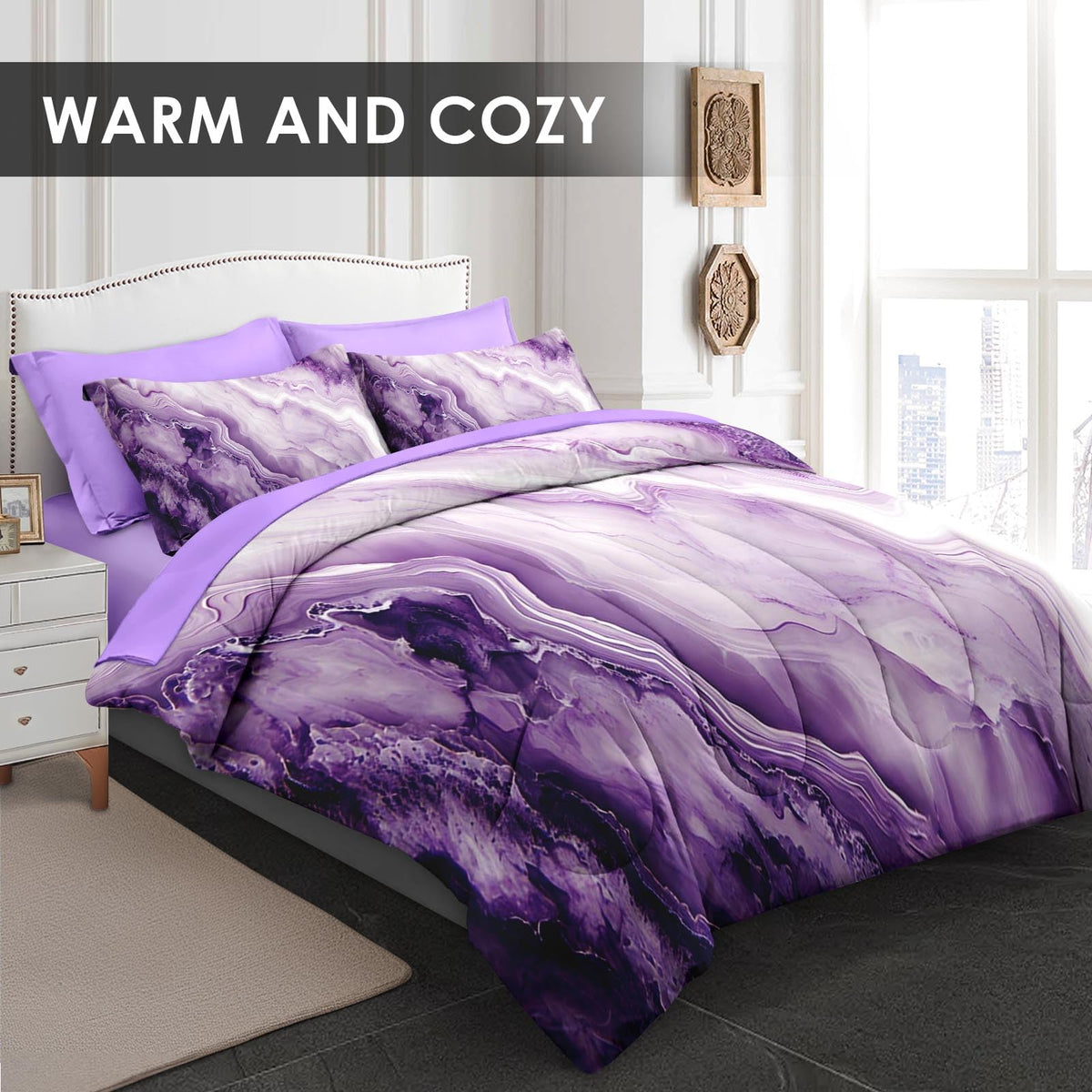 Pamnest Comforter Set Twin Size, Purple Marble Black Gold 5 Pcs Bedding for Kids and Adults, Blue Painting Pink Bed Sheet Sets with Fitted Sheet Pillowcase & Sham for Bedroom Bed Decor