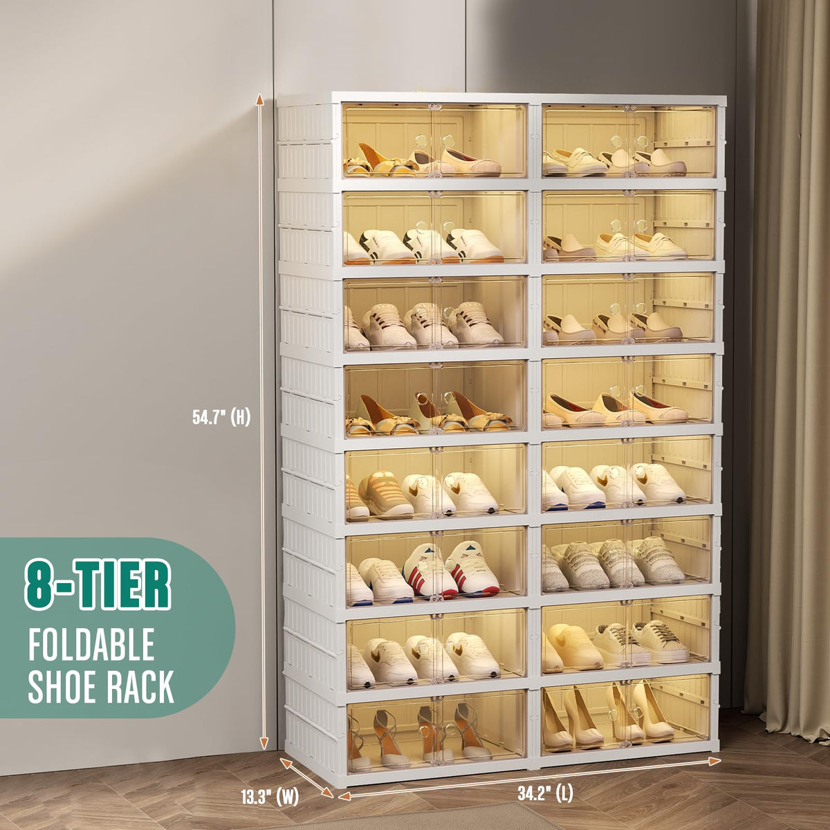 Beeveer 8-Tier Foldable Shoes Rack Organizer Clear Plastic Shoes Rack for Closet Shelf Collapsible Large Storage Box Stackable Easy Assembly Shoe Cabinet with Lids and Door(for 32 Pairs)