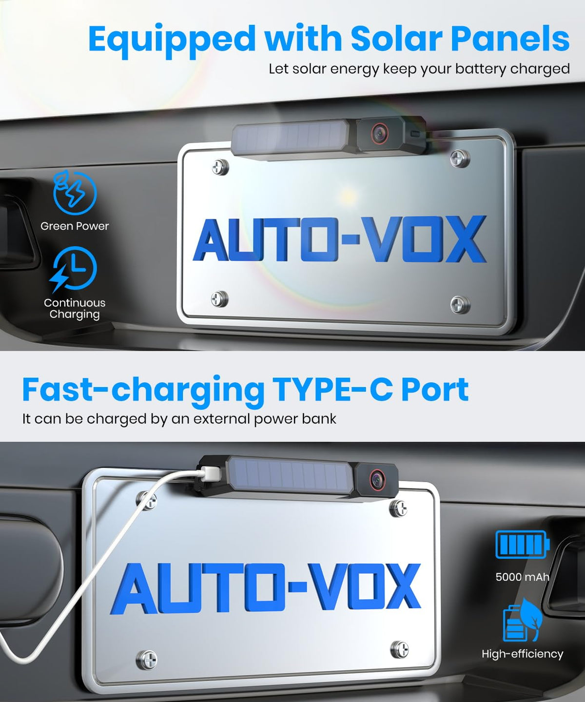 AUTO·VOX 5" Solar Wireless Backup Camera with USB Touch Power Cable, 1080P HD Monitor, No Cigarette Lighter Needed, Portable Power, 5000mAh Battery, IP69K Waterproof for Car Truck SUV