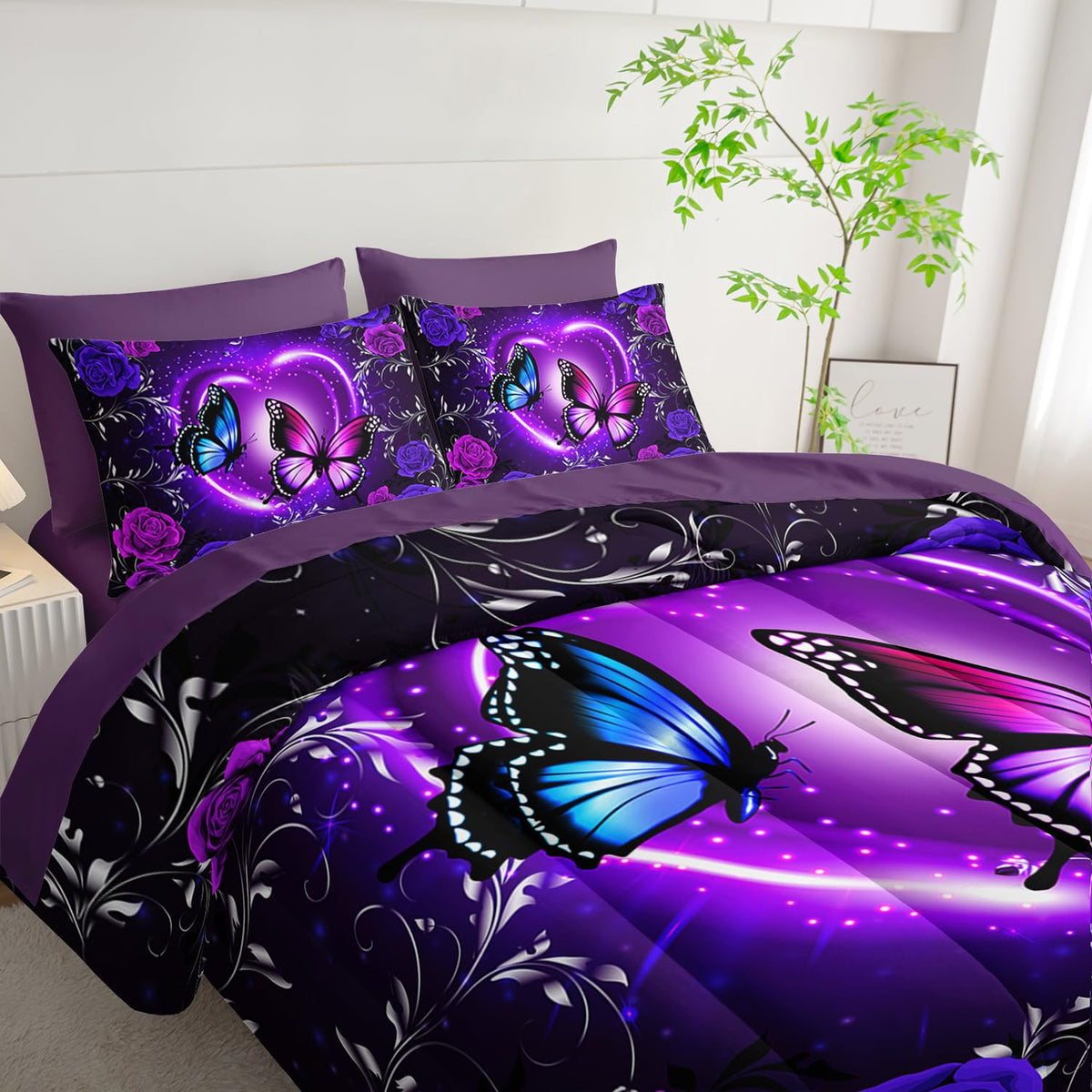 Tuzaovy Purple Butterfly Comforter Set 7 Piece Twin Size Bed in A Bag,Dreamy Butterfly Bedding for Girls Room Decor,Soft Microfiber Comforter with Fitted Sheet,Flat Sheet, Pillowcases & Shams