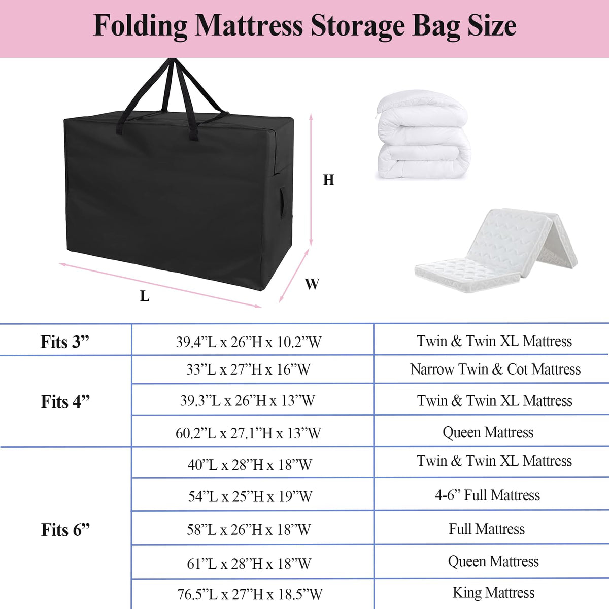 Folding Mattress Storage Bag-33 inch Heavy Duty Carrying Bag Fits 4 In Narrow Twin & Cot Mattress Sturdy Cushion Storage Bag for Tri-Fold Guest Bed Mattress Carry Case - 33"L×27"W×16"H, Cover Only
