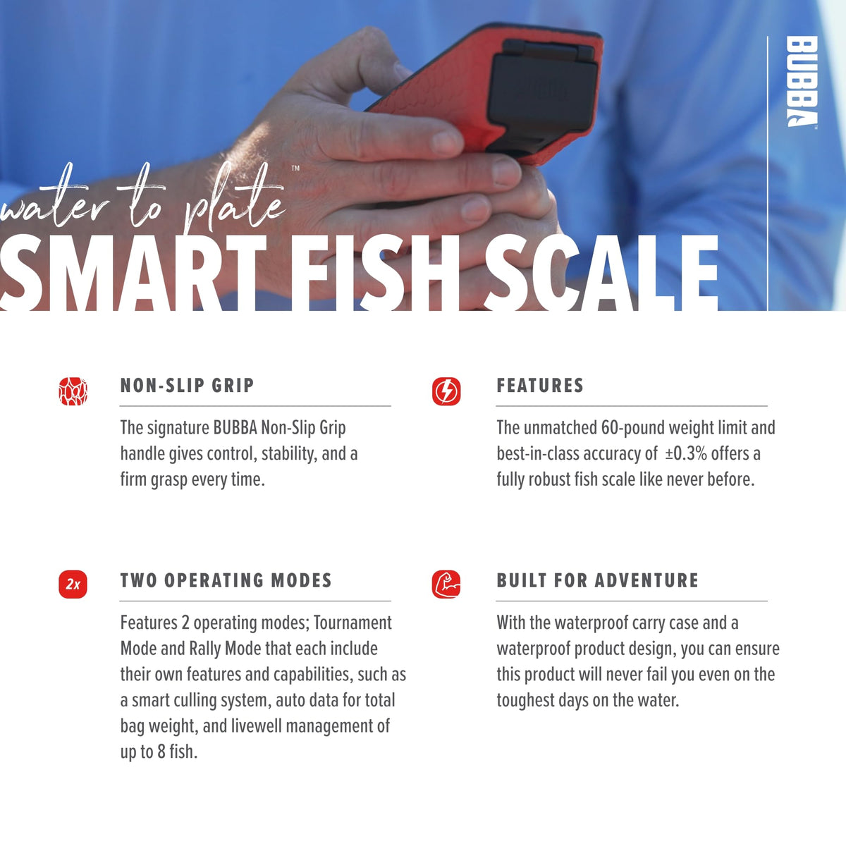BUBBA Smart Fish Scale -Tournament Fishing Tool - Built in Fish Clip and Hook - 2 Modes, Digital Screen, 60lb Limit