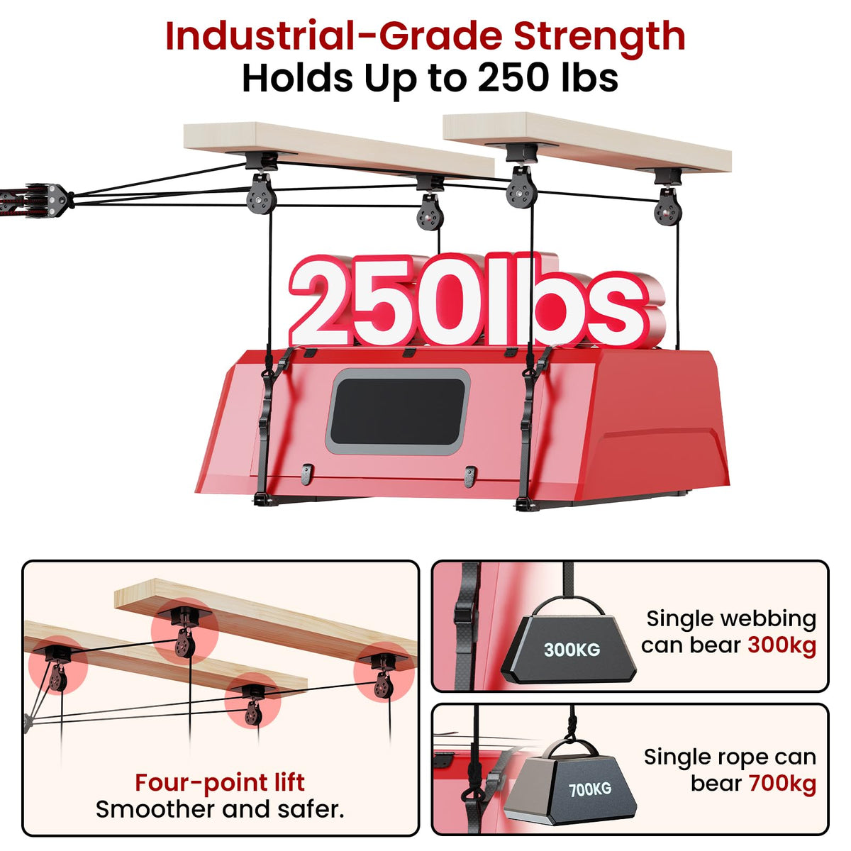 Pacikwest Truck Cap Hoist System for Garage Ceiling, Smart 4-Point Self-Leveling Garage Hoist with 8:1 Pulley Lift System, Easy One-Person Overhead Garage Storage Lift for Truck Topper Rack, 250 lb