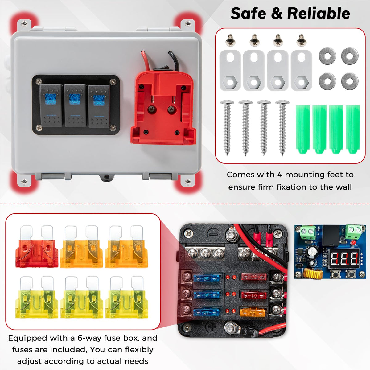 Power Distribution Box with Battery Adapter Fit for Mil.Waukee 18V Battery, Power Adapter Box with Pre-Installed Lines/Dual USB Charger/Low Voltage Protection, for RV Truck Trailer/Warehouse/Shed