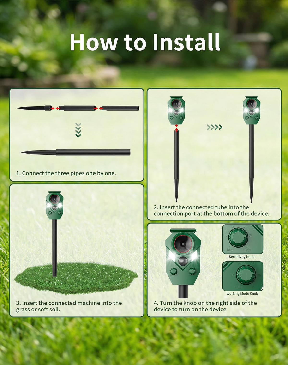 4 Pack Solar Deer Repellent Devices with Motion Sensor & LED Lights, Waterproof Cat Repellent Outdoor, Ultrasonic Animal Repeller Repels Dog, Raccoon, Skunk, Coyote for Garden, Yard & Lawn