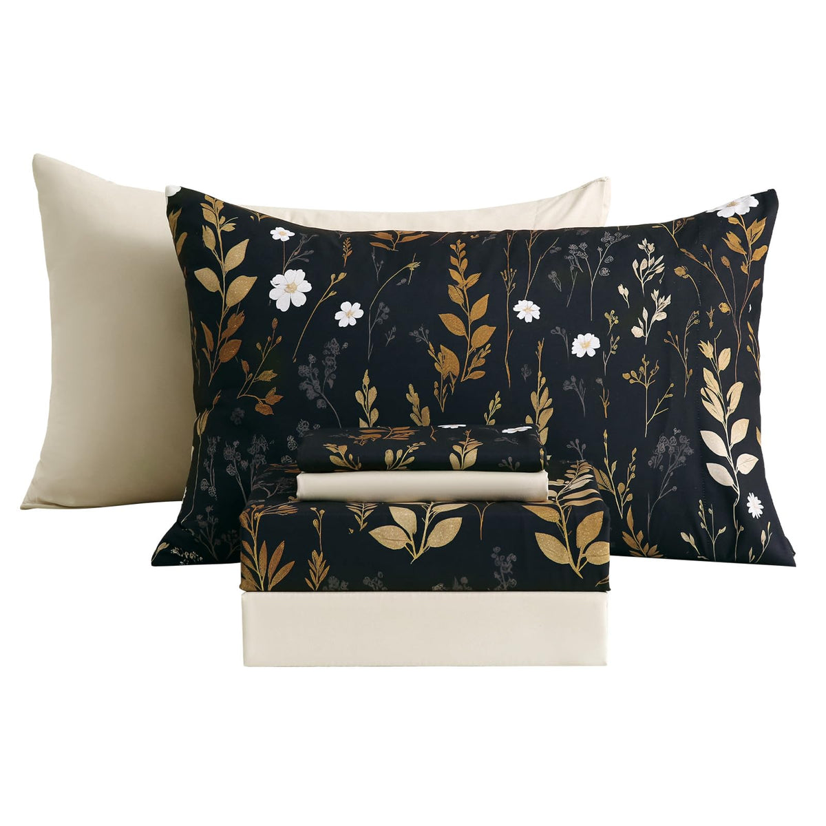 Botanical 6-Piece King Size Sheets Set, Boho Floral Print Brushed Microfiber Sheets, Cooling Bed Sheet Set, Ultra Soft & Breathable, 16' Deep Pocket Fitted Sheet & Pillowcase Set, Beige Brown Leaves