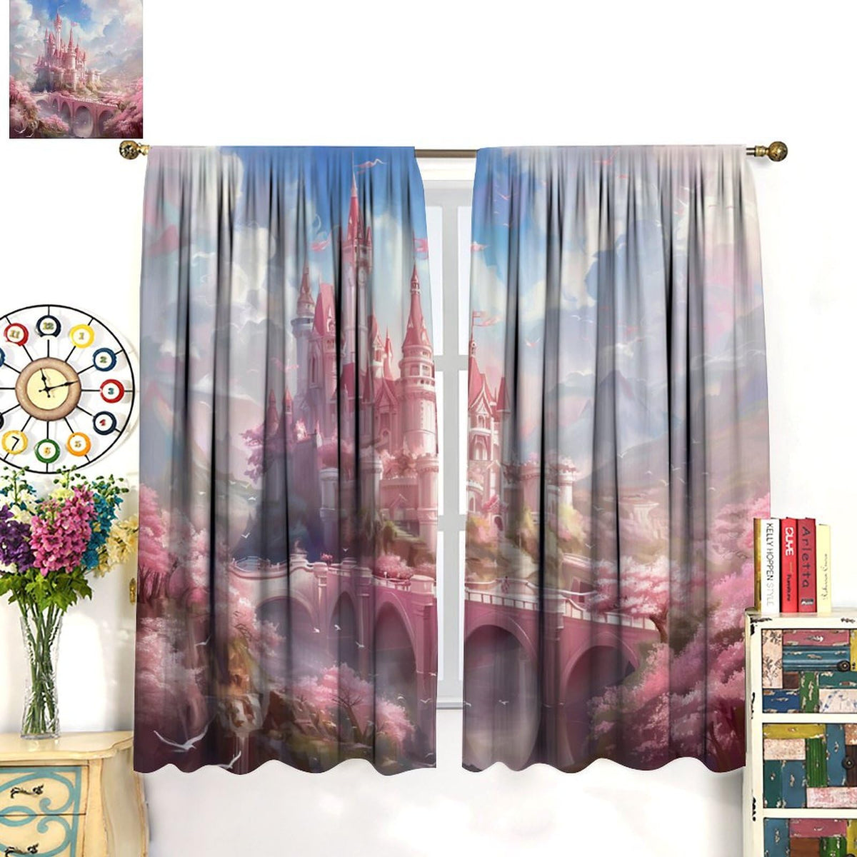 HZOHNAGO Castle Curtains Cherry Blossom Pink Dreamy Castle Birds Mountain Pattern for Girls Room Decoration Print Decor Rod Pocket Window Drapes for Bedroom Living Room 42x45in