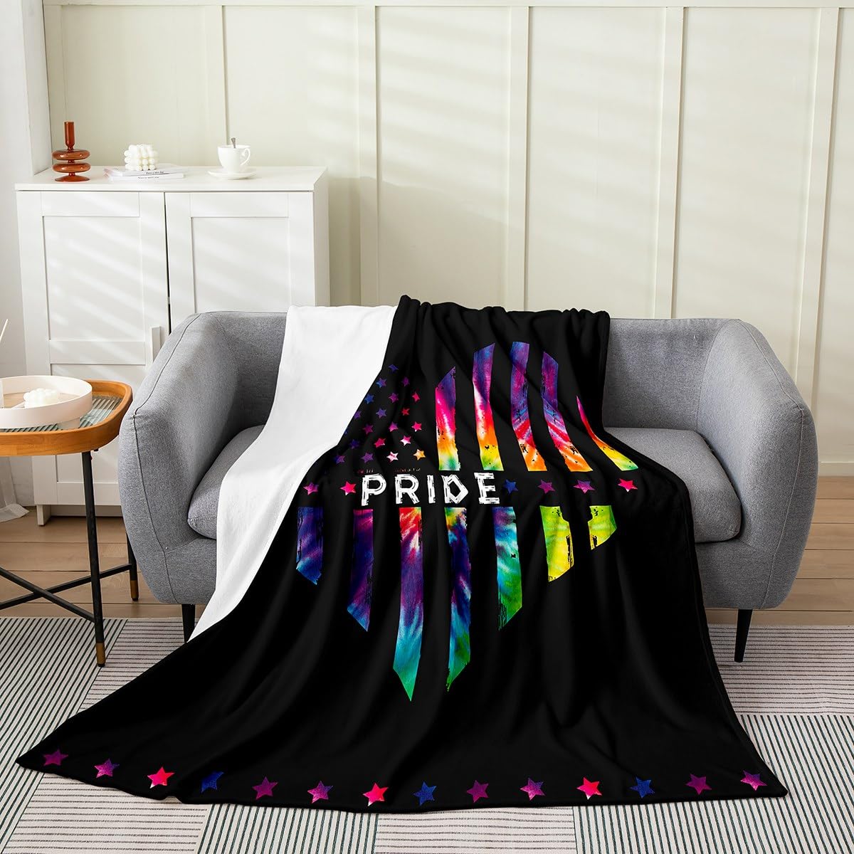 Erosebridal Watercolour Love Heart Blanket for Valentine Day,Gay Pride Throw Blanket for Couples,Rainbow American Flag Fleece Blanket,LGBT Pride Fuzzy Blanket 40x50 Inch