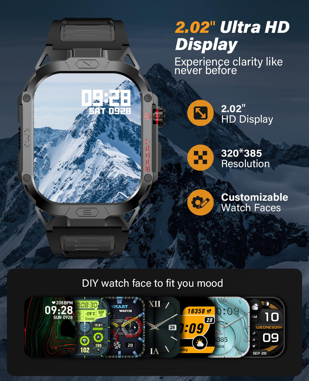 SOUYIE Military Smart Watch for Men Answer/Make Call, 2.02" Outdoor Sport Smartwatch with Flashlight, Heart Rate Blood oxygen Blood Pressure Sleep, 100+ Sport Modes Fitness Tracker for Android and iOS