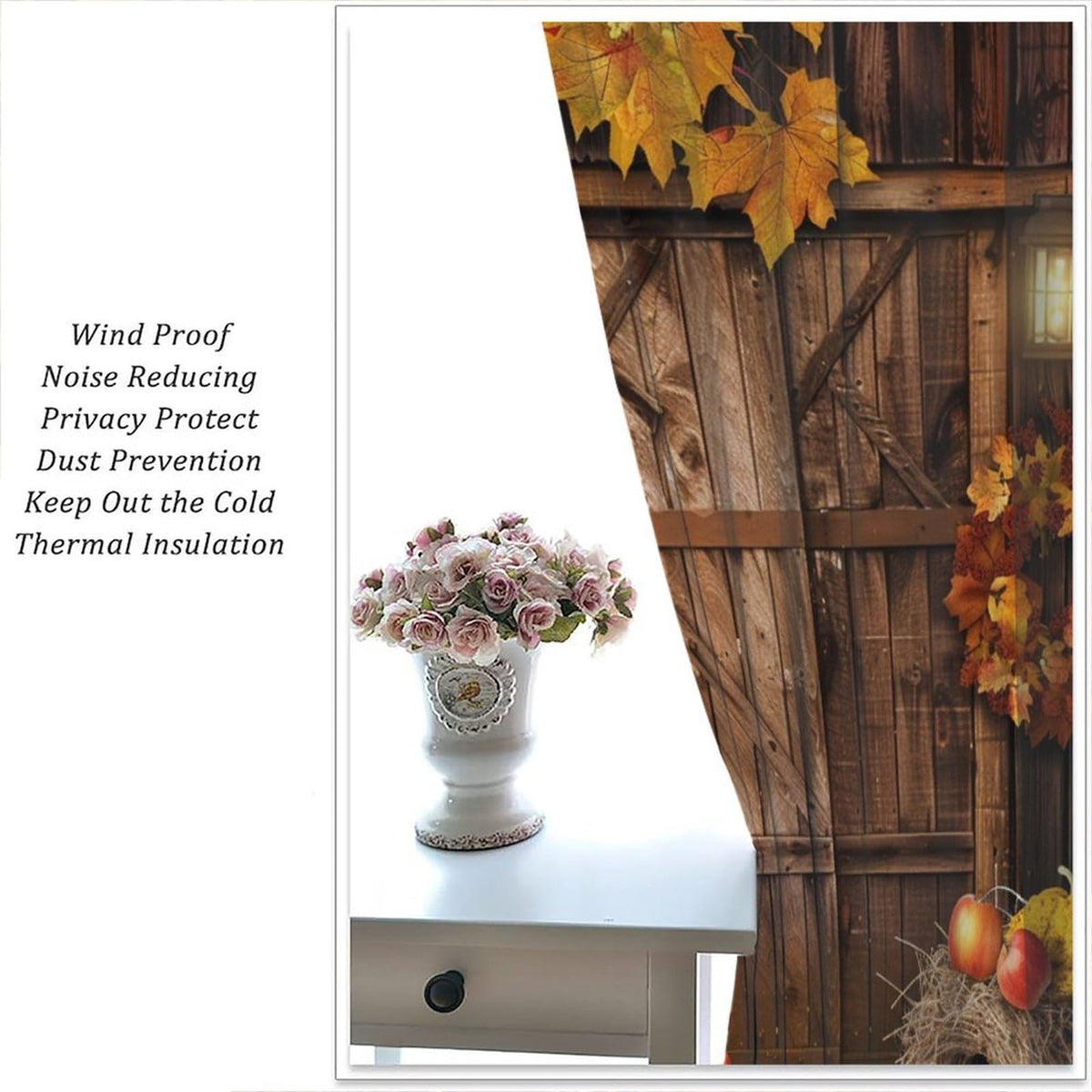 Nanacur Thanksgiving Curtains, Fall Rustic Vintage Farmhouse Barn Wooden Door Print Rod Pocket Window Treatments Drapes for Kitchen Bedroom Living Room 41" W X 45" L (No Blackout)