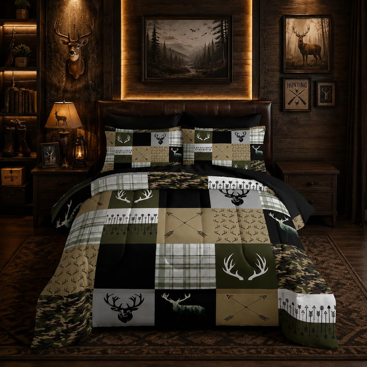 Nttopship Hunting Camo Comforter Sets Bed in A Bag Twin Size 7PCS Red Bedding Set，Deer Hunting Camo Comforter Set,Bed Sheet Set Hunt Deer for Girls Boys Kids,Microfiber Lightweight All Season