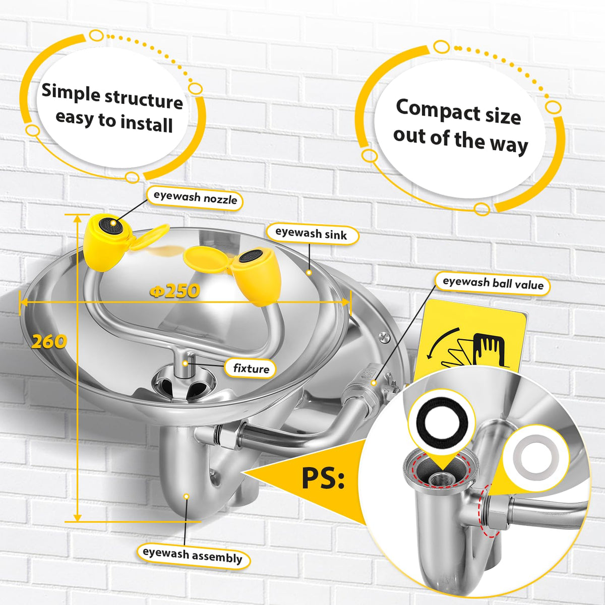 CGOLDENWALL Eye Wash Station Wall Mounted Eyewash Station Emergency Eye Face Washing Sink Plumbing Connection, NPT Thread, with Eyewash Sign, 304 Stainless Steel