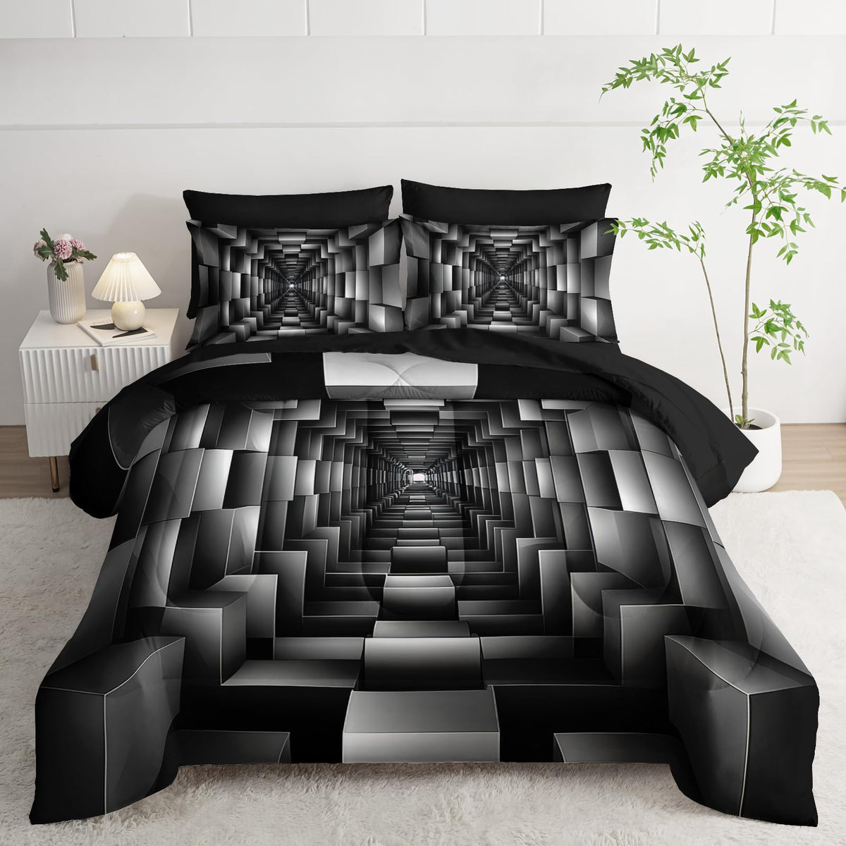 lneffble 7 Piece Black and White Checkered Comforter Set Queen，Geometric Bedding Set Boys，Geometric Bedroom Decor，(1 Comforter, 1 Flat Sheet, 1 Fitted Sheet, 2 Pillowcase and 2 Pillow Sham)