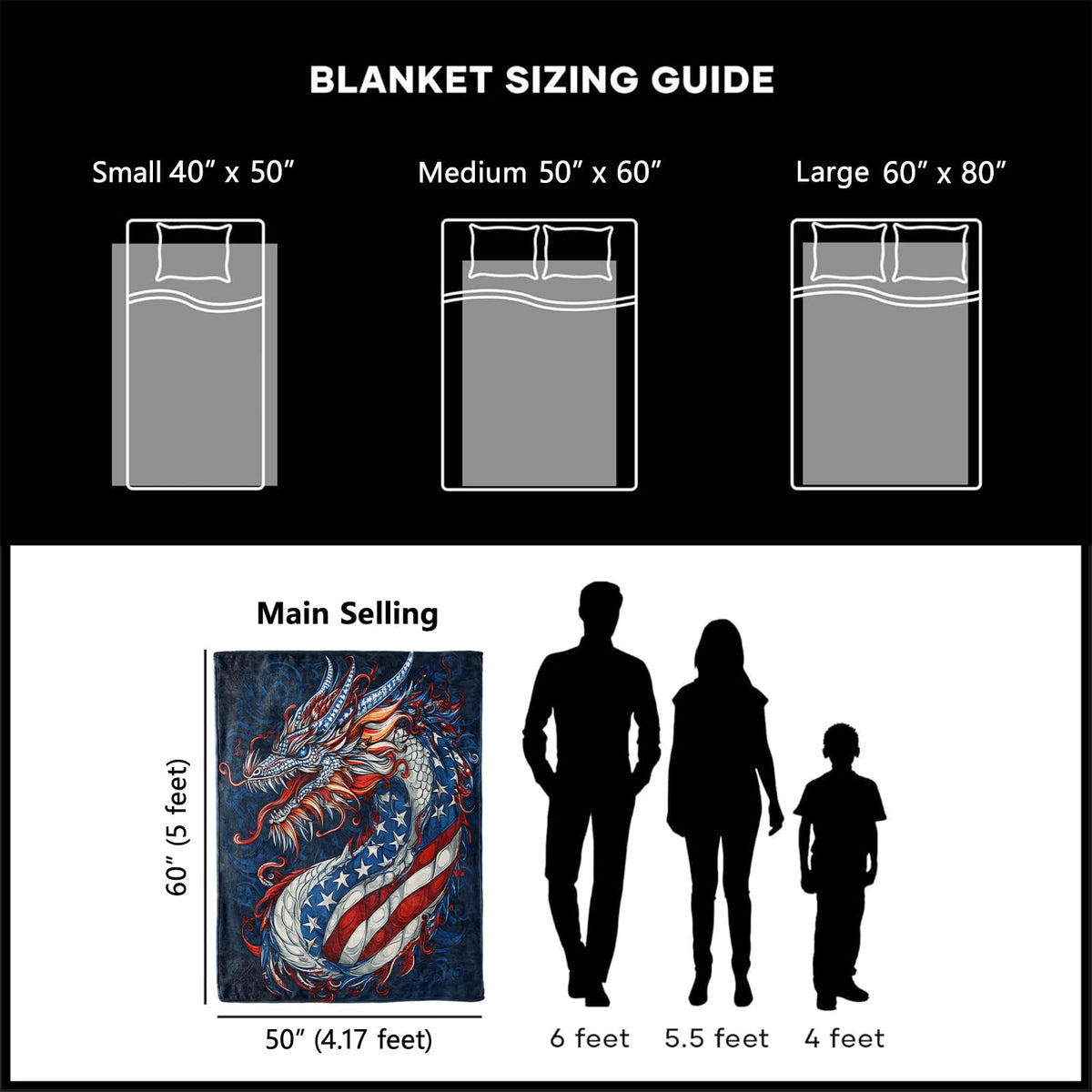 xmwjfd Patriotic Dragon Blanket, Cozy Plush Throw Blanket for Couch Bedroom Outdoor, Lightweight Soft Flannel Travel Blankets, Gifts for Women Adults Kids, Warm Decor 50"×60"