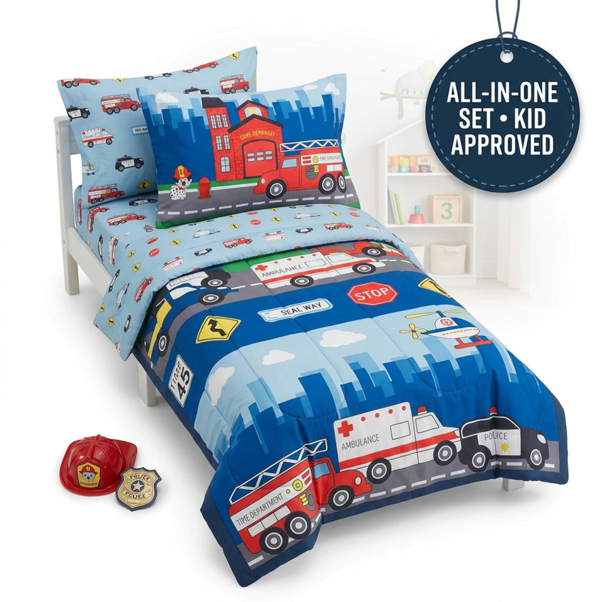 EVERYDAY KIDS 4 Piece Toddler Bedding Set -Fire and Police Rescue- Includes Comforter, Flat Sheet, Fitted Sheet and Reversible Pillowcase