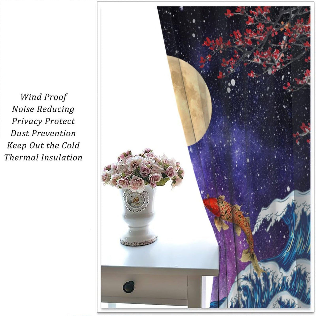 Koi Asian Oriental Cherry Blossom Moon Sea Wave Pattern Curtains for Bedroom Living Room Kitchen - Blackout Privacy Noise Reduction - 42x45 Inches 2 Panels
