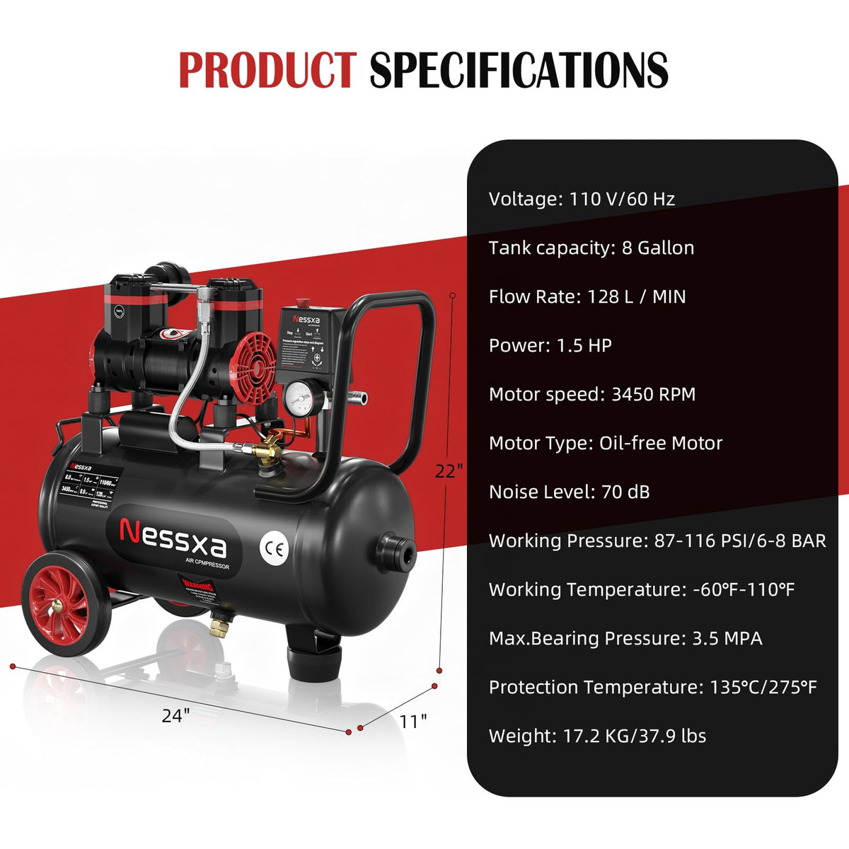 8 Gallon Ultra Quiet Air Compressor, 1.5HP 4.52 CFM, Max 115 PSI Oil-Free Air Compressor Tank for Car Repair, Spray Painting, Woodwork Nailing, 110V/60hz, 70dB