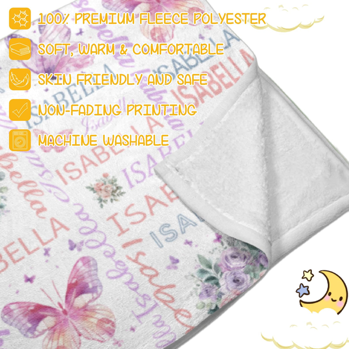 PUREFLY Personalized Baby Blanket- Printed in USA-Custom Baby Blanket with Name for Girls and Boys, Super Soft Plush Fleece, Personalized Baby Gifts