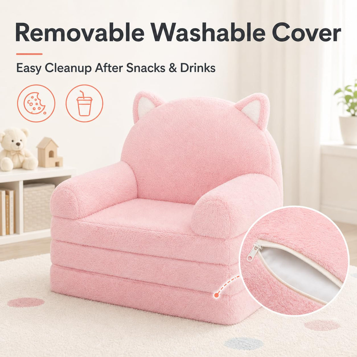 MONKISS Kids Couch, Comfy Toddler Chair, 2 in 1 Fold Out Kids Sofa, Baby Sitting Chair with Washable Cover, Toddler Furniture for Reading, TV and Playroom, Birthday Gift for Girls, 1-4 Years Old, Pink