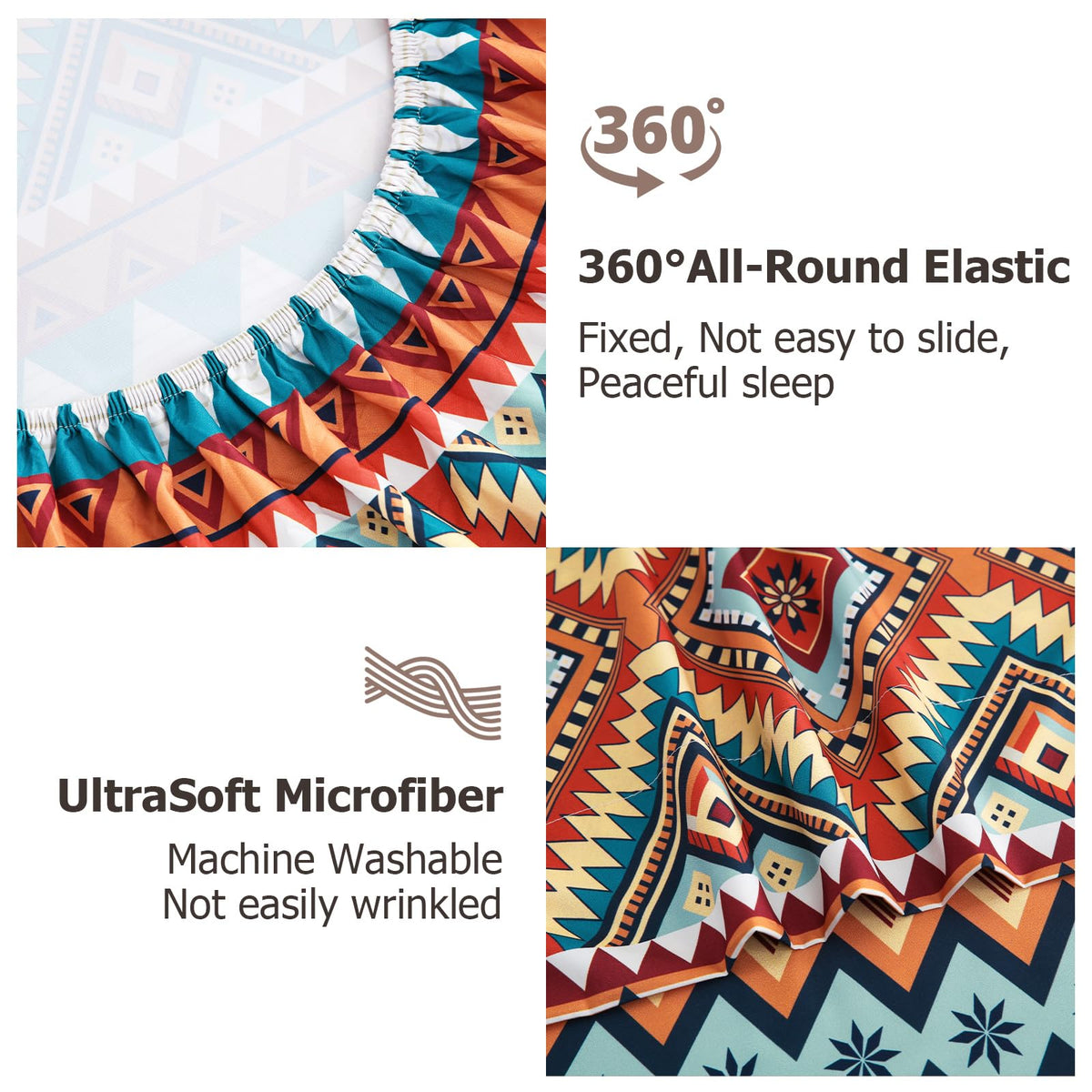 CozySmile 4 Pieces Queen Sheet Set Bohemian, Boho Sheets Soft Microfiber Deep Pocket, Western Sheets Geometric(Queen, Rust Turquoise Diamond)
