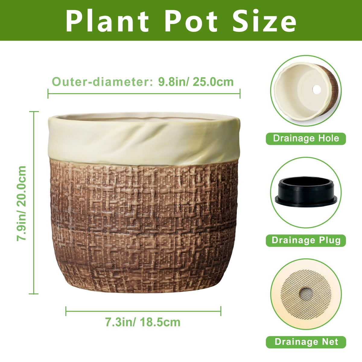 Teagas Ceramic Planter - 9.8 Inch Plant Pot for Indoor Outdoor Plants, Boho Ceramic Plant Pots with Drainage Hole and Plug, Round Indoor Planter, Garden Decor, Gardening Gifts for Women, Brown